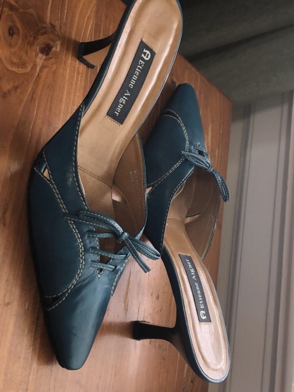 VINTAGE Etienne Aigner Teal Blue Leather Lace-Up Kitten Heel Mules - Picture 2 of 6